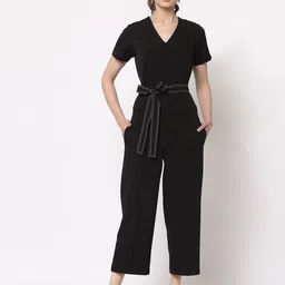 OFFICE & YOU V-Neck Belted Basic Jumpsuit-16