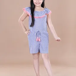 StyleStone Girls Blue & White Striped with Ruffles Playsuit-image-92