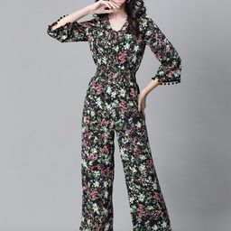 Oxolloxo Floral Printed V-Neck Pom Pom Lace Smocked Jumpsuit-image-12
