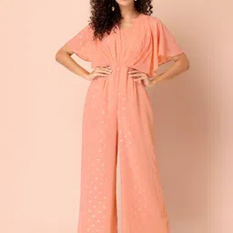 Rang by Indya Peach-Coloured & Gold-Toned Printed Basic Jumpsuit image 1