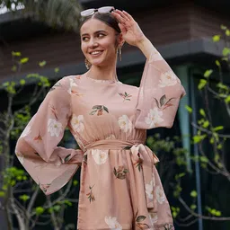 SASSAFRAS Floral Printed Boat Neck Long Sleeves Playsuit with Belt-picture-25