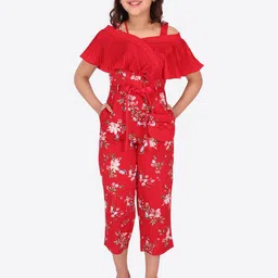 CUTECUMBER Girls Red Off-Shoulder Printed Culotte Jumpsuit-image-98