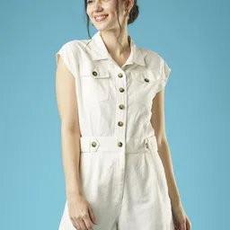 Globus White Shirt Collar Linen Playsuit-picture-29