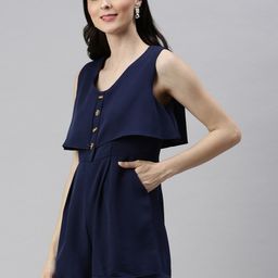 SHOWOFF Navy Blue Solid Layered Jumpsuit-18