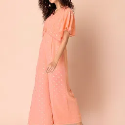 Rang by Indya Peach-Coloured & Gold-Toned Printed Basic Jumpsuit image 3