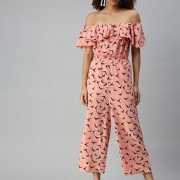 SHOWOFF Peach-Coloured & Black Off-Shoulder Printed Basic Jumpsuit image 3