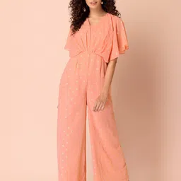 Rang by Indya Peach-Coloured & Gold-Toned Printed Basic Jumpsuit image 5