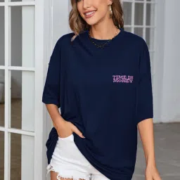 Women Printed Round Neck Pure Cotton Navy Blue T-Shirt-image-11