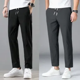 Pack of 2 Men Self Design Black, Grey Track Pants-image-12