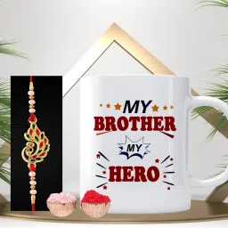 Designer Rakhi Gift Set Gold Finish Mug, Rakhi, Chawal Roli PackSet-11