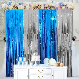 Blue and Silver Metallic Tinsel Foil Fringe Curtains for Birthday(Pack of 4)-image-48