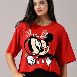 Women Printed Round Neck Cotton Blend Red T-Shirt-image-3