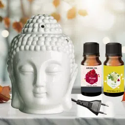 PEEPRESION Air Freshner Electric Buddha Diffuser & 2 Bottel Scented Rose,Mogra Aroma Oil (10ml Each), Fragrance Your Home, Hotel, Bedroom, Club, Office, Relaxation, Body, Mind,Stress. Diffuser-28