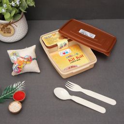 Kids Kit Kat Lunch Box Set with Fork Spoon Rakhi Gift Combo Set 2 Containers Lunch Box-image-105