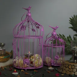 Hot Pink Bird Cage Lantern with floral vine (Set of 2), with hanging chain Pink Steel Hanging Lantern-image-17
