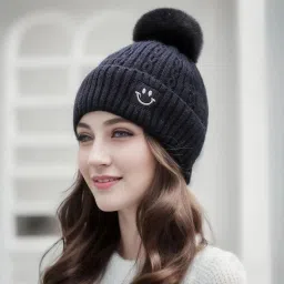 Cute woolen warm ( soft warm fur inside pom-pom on top ) winter caps for women Woven Beanie-image-36