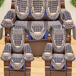 AZOTICA Navy Blue 12 Pieces Checked Cotton 5 Seater Sofa Covers With Arms-image-34