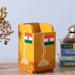 home decor international Indian Flag Light Yellow Engineered Wood Pen Stand-picture-2