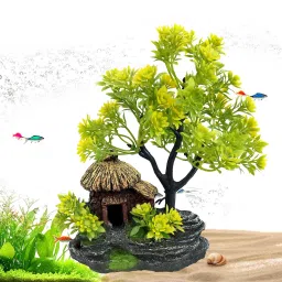 jainsons pet products Aquarium Artificial Green Plants with Fish House and Resin Landscape Base 7 Inch Aquarium Plant Anchor-picture-39