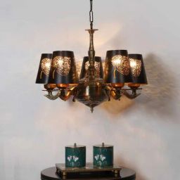 new era Devansh 05 Lights Metal leaf Etched shade with Antique Golden Chandelier -X-picture-42