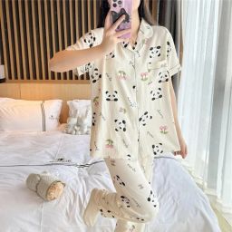 Women Night Suit Set Beige Printed-image-5