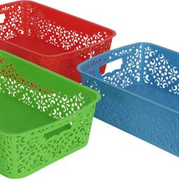 Plastic (Pack Of 3, Medium) (Red, Green, Blue) (36.5 CM x 21 CM x 10 CM) Multicolor Turkish Basket For Closet | Wardrobe | Kitchen | Vegetables | Toys | Books | Office | Stationery | Utility | Cosmetics | Accessories Without Lid Storage Basket Storage Basket-73