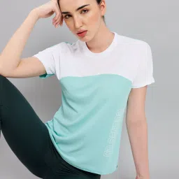 Women Colorblock Round Neck Polyester Green T-Shirt-image-78