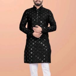 Men Self Design Cotton Blend Straight Kurta-image-89