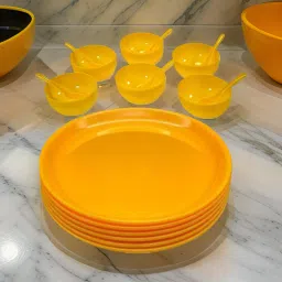 Pack of 18 Plastic Dinner Set |18 Pcs 6 Plate 6 Bowl 6 Spoon Suitable for daily Use (Yellow)) Dinner Set-image-70