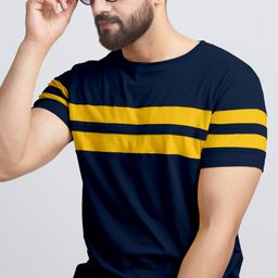 ausk Men Striped Round Neck Cotton Blend Blue, Yellow T-Shirt-picture-15