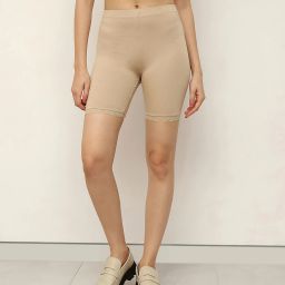 Solid Women Beige Basic Shorts-image-4