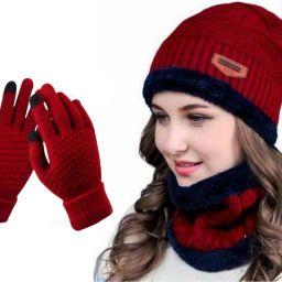 women's winter woolen beanie neck warmer and touchscreen gloves set for Girl's Beanie-image-50