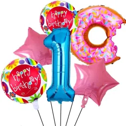 Solid 1 number 32 Inch Blue Donut With Pink Star Foil Balloon-7