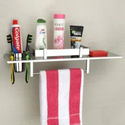 Stainless Steel 4-in-1 Bathroom Shelf | With Tumbler, Soap Dish & Towel Rod Steel Wall Shelf-24
