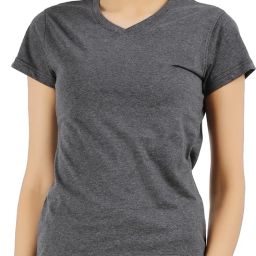 Women Solid V Neck Pure Cotton Grey T-Shirt-image-35