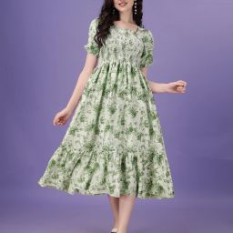 Women Fit and Flare Green, White Knee Length Dress-image-12