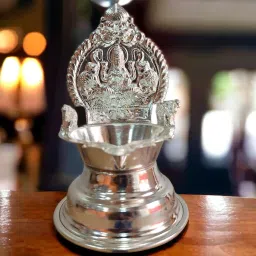 German Silver Kamakshi Deep (Two Side Lakshmi Embossed) with Elephant Design Silver Plated Table Diya-image-4