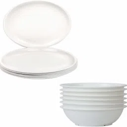 Pack of 12 Plastic Microwave Safe White Dinner Plate and Bowl Combo (6 Plates {11 inch } + 6 Bowl) Dinner Set-image-55