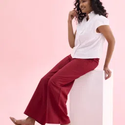 Women Relaxed Maroon Linen Blend Trousers-image-22
