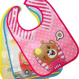 Plastic Waterproof Baby Apron with Button Bib (Pack of 3) Multicolor-2