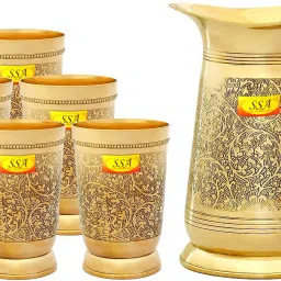 Embossed Engraved Design 100% Pure Brass Jug / Pitcher, With 6 Glasses Set | Drinkware Set - 2020 Gift Item Jug Glass Set-image-34