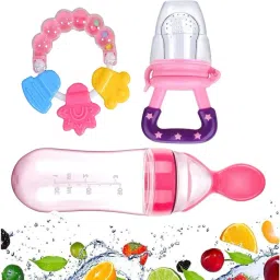 Baby Spoon Feeding Bottle| Silicone Fruit Teether & Ring Shape Rattle BPA Free Teether and Feeder-9