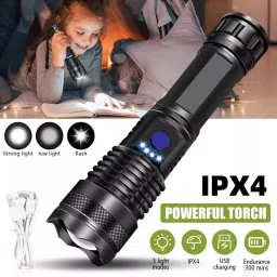 376 TORCH Bright 10000 Lumens, USB Rechargeable Powerful XHP70 Zoomable Power 8 hrs Torch Emergency Light-8