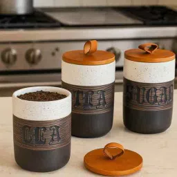 aarvi decor studio Set of 3 Daily Brew luxe Ceramic and Wooden Jar Containers-picture-6