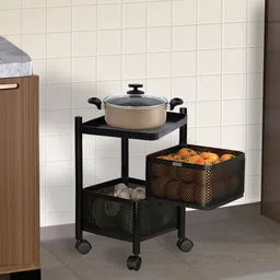 homestic 2-Layer Revolving Multipurpose Storage Rack with Wheels | Black Iron Kitchen Trolley-picture-19