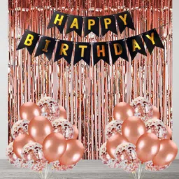 party midlinkerz Solid Happy Birthday Balloons Decoration Kit 35 Pcs, 1 set of Black "Happy Birthday" 13pcs alphabet Banner and 10pcs HD Metallic Rose Gold balloons and 10Pcs Confetti Balloon with 2Pcs of Rose Gold Curtains for Kids Girl Birthday Balloons Decorations Items Combo with Happy Birthday Banner, 1st Birthday Latex Metallic Balloons Balloon (Multicolor, Pack of 35)-picture-41