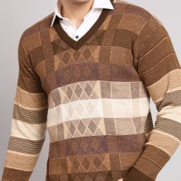 Men Striped V Neck Beige Sweater-image-63