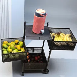 3-Tier Metal Kitchen Storage Rack with Wheels (Black) Iron Kitchen Trolley-image-63