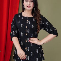 Casual Roll Up Sleeves Printed Women Black, Gold, White Top-image-82