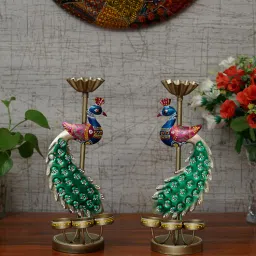 craft tree Metal Handpainted Decorative Peacock Tea Light Set of 2 Showpiece in Multicolor-picture-48